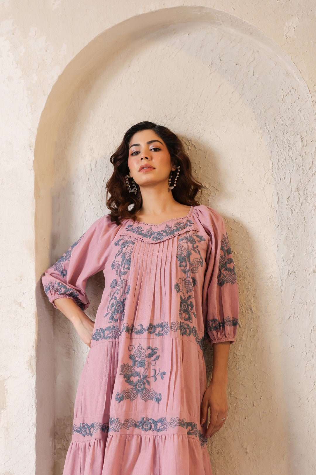 Nyaro Signature Blush Pink Cotton Flex Embroidered Dress - Nyaro