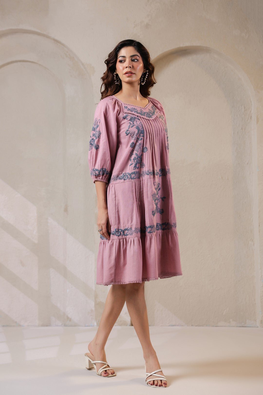 Nyaro Signature Blush Pink Cotton Flex Embroidered Dress - Nyaro