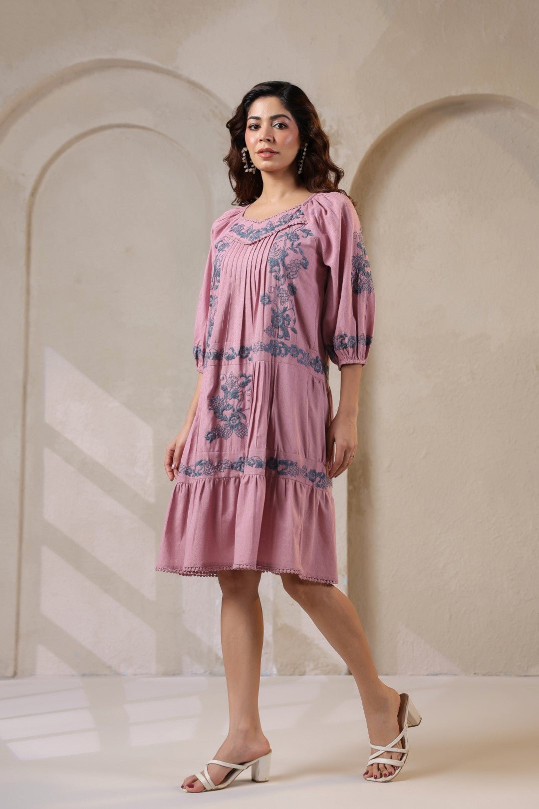 Nyaro Signature Blush Pink Cotton Flex Embroidered Dress - Nyaro