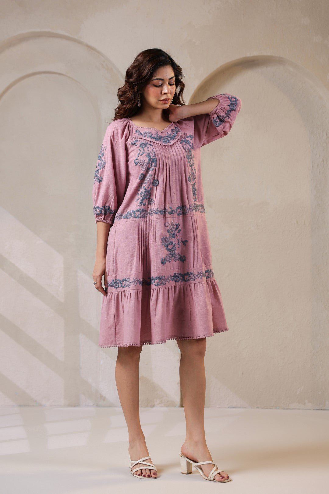 Nyaro Signature Blush Pink Cotton Flex Embroidered Dress - Nyaro