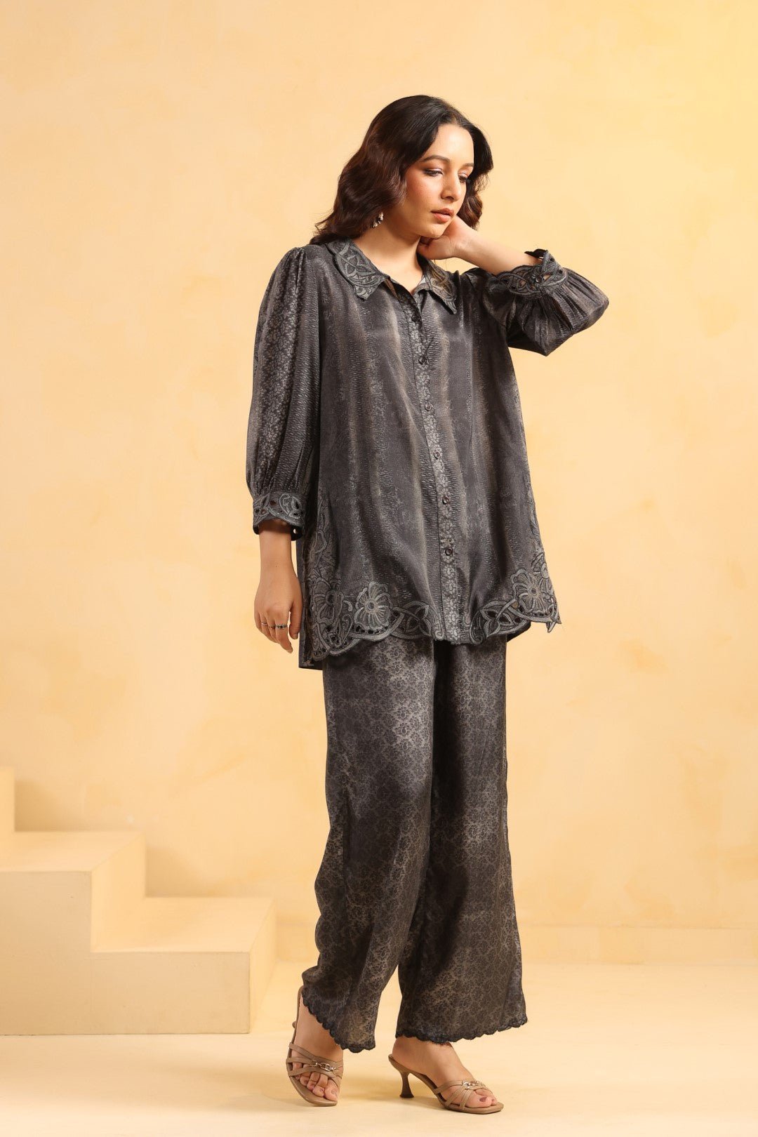 Nyaro Signature Charcoal Black Printed Co - ord Set in Viscose Santoon - Nyaro