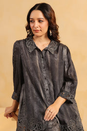 Nyaro Signature Charcoal Black Printed Co - ord Set in Viscose Santoon - Nyaro