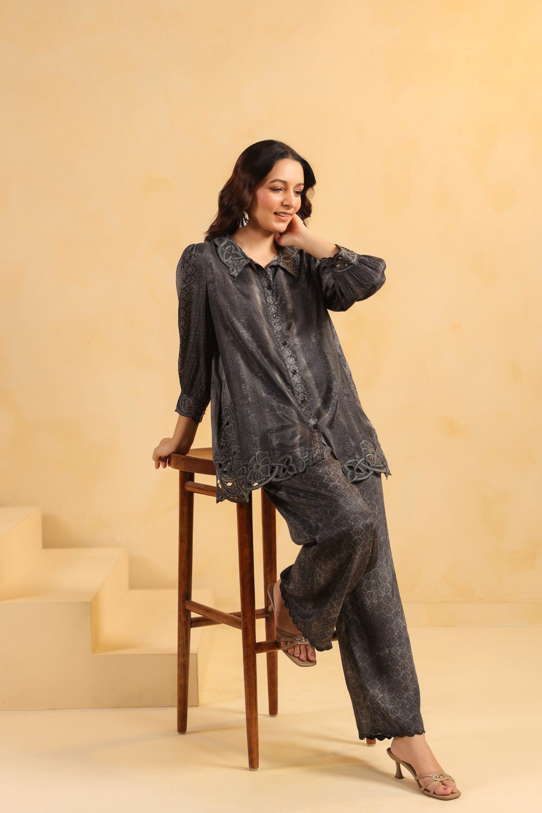 Nyaro Signature Charcoal Black Printed Co - ord Set in Viscose Santoon - Nyaro