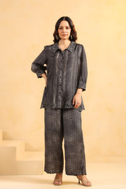Nyaro Signature Charcoal Black Printed Co - ord Set in Viscose Santoon - Nyaro