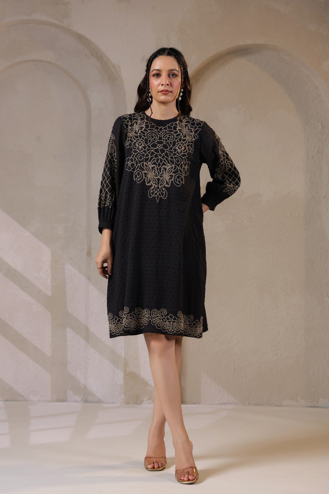 Nyaro Signature Cotton Dobby Black Dress - Nyaro