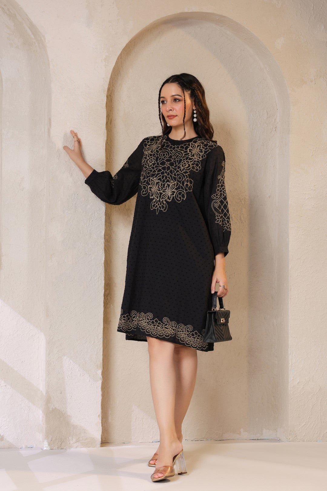 Nyaro Signature Cotton Dobby Black Dress - Nyaro