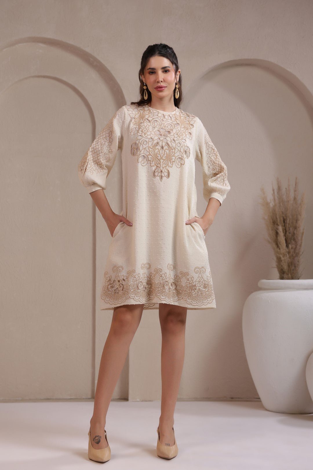 Nyaro Signature Cotton Dobby Embroidered Dress - Nyaro