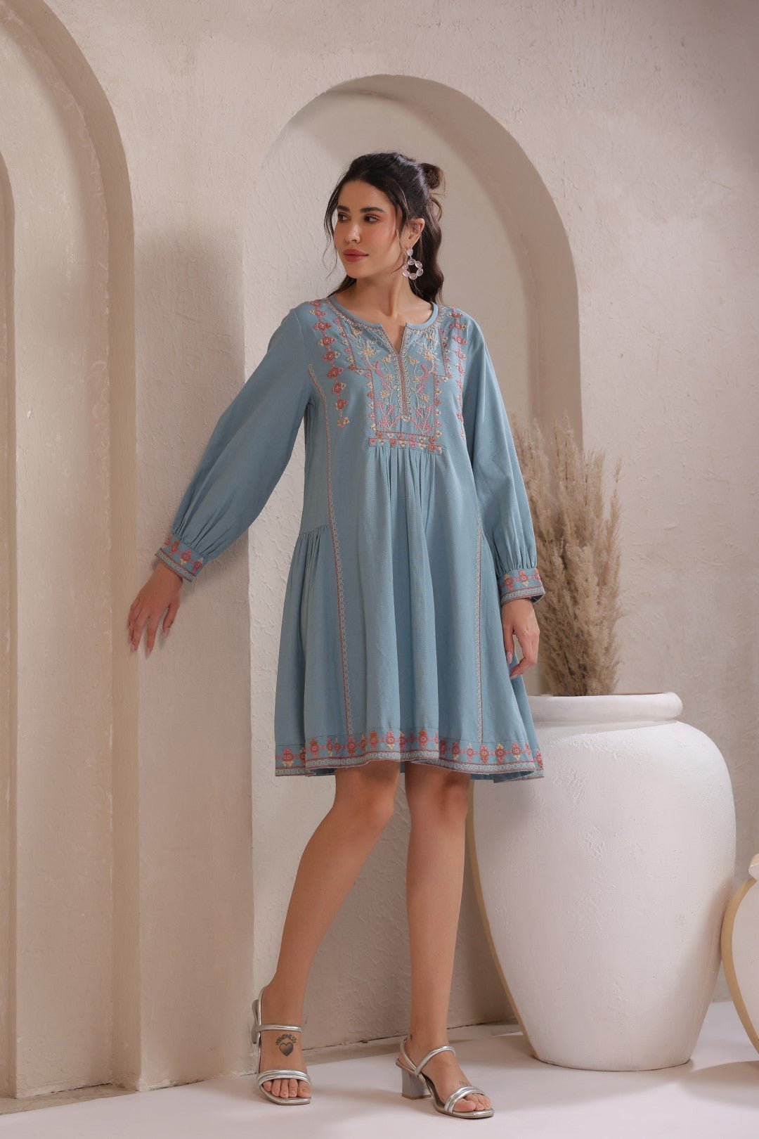 Nyaro Signature Cotton Flex Embroidered A - Line Dress – Blue - Nyaro