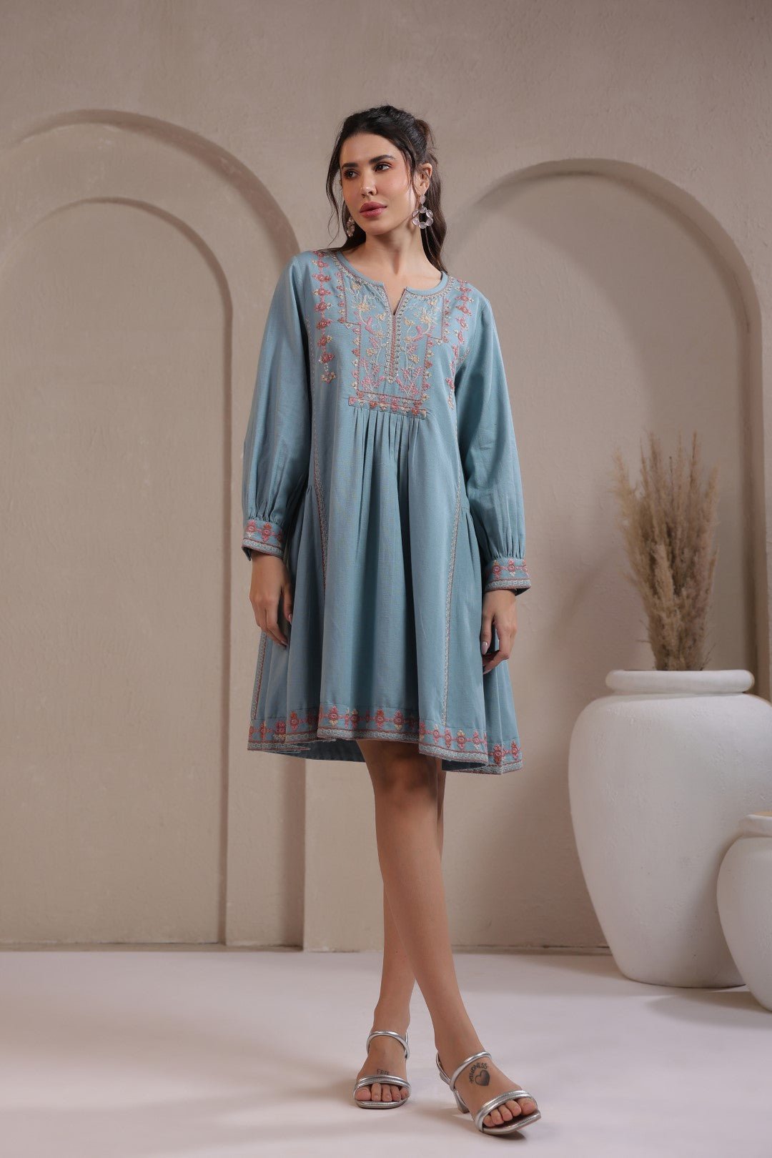Nyaro Signature Cotton Flex Embroidered A - Line Dress – Blue - Nyaro