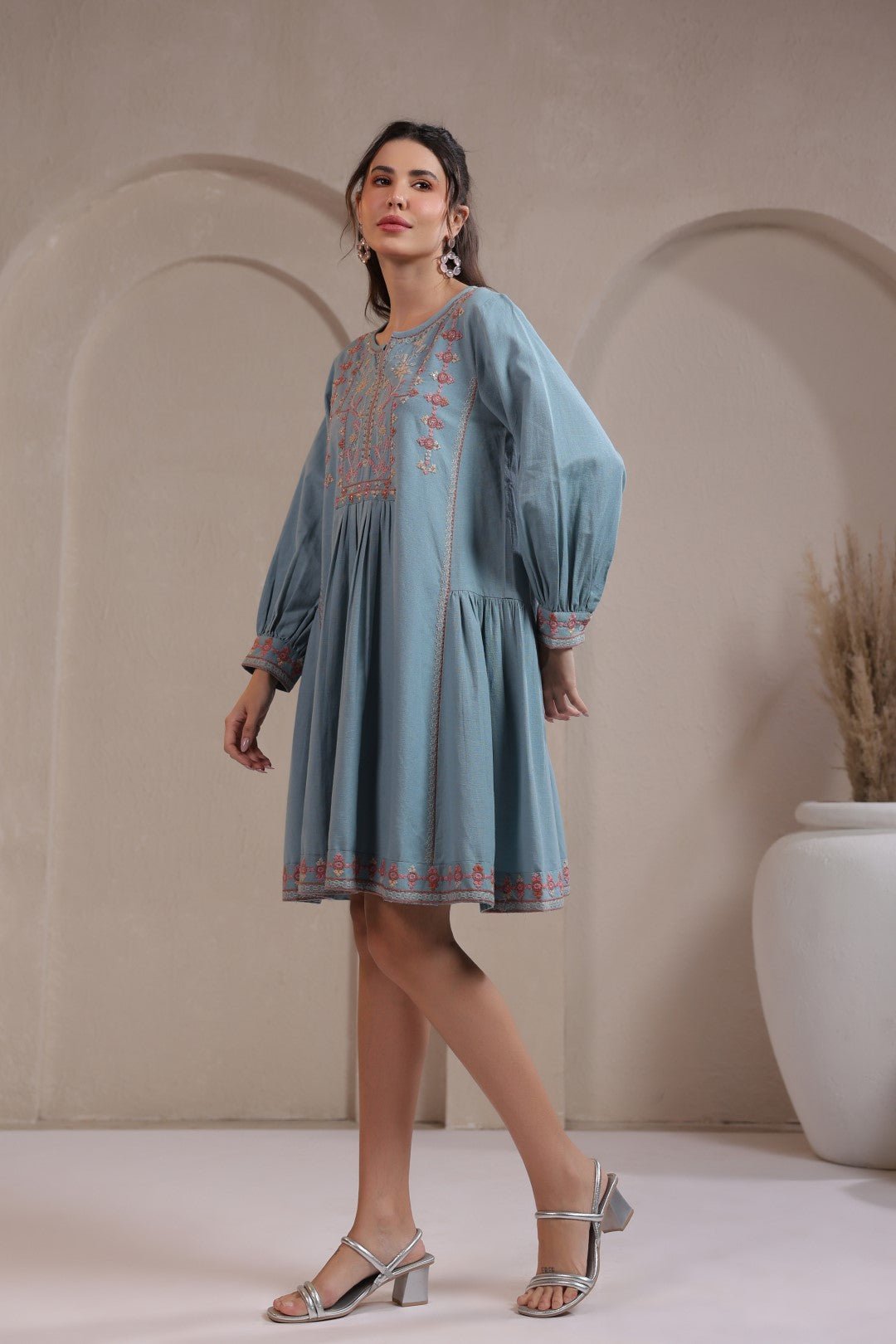 Nyaro Signature Cotton Flex Embroidered A - Line Dress – Blue - Nyaro