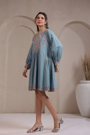 Nyaro Signature Cotton Flex Embroidered A - Line Dress – Blue - Nyaro
