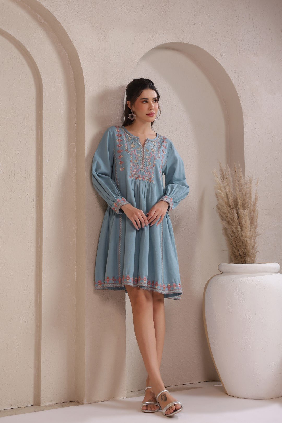 Nyaro Signature Cotton Flex Embroidered A - Line Dress – Blue - Nyaro