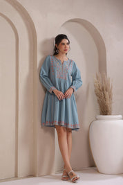 Nyaro Signature Cotton Flex Embroidered A - Line Dress – Blue - Nyaro