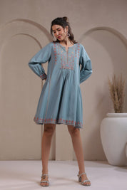 Nyaro Signature Cotton Flex Embroidered A - Line Dress – Blue - Nyaro