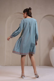 Nyaro Signature Cotton Flex Embroidered A - Line Dress – Blue - Nyaro