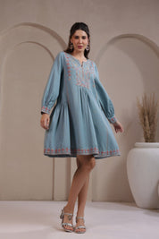 Nyaro Signature Cotton Flex Embroidered A - Line Dress – Blue - Nyaro