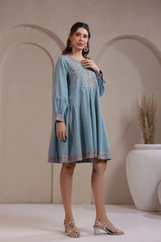 Nyaro Signature Cotton Flex Embroidered A - Line Dress – Blue - Nyaro