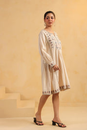 Nyaro Signature Cotton Flex Embroidered Short Dress – Beige - Nyaro