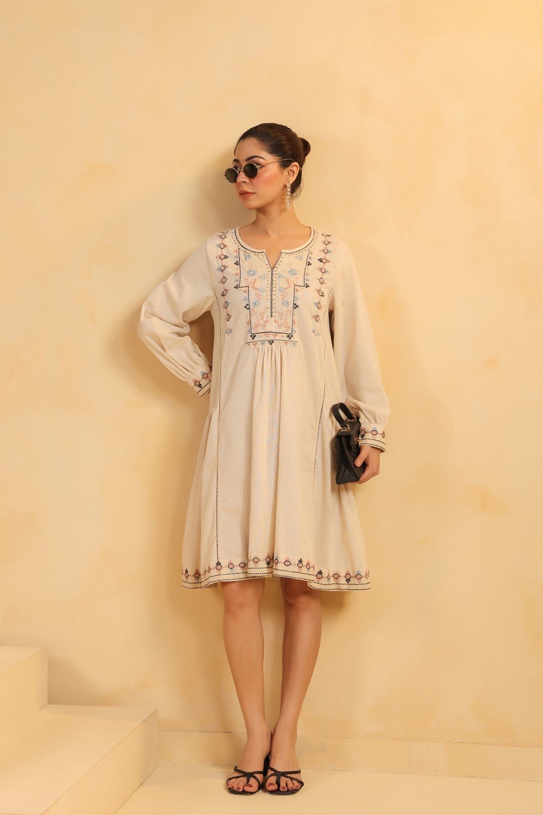 Nyaro Signature Cotton Flex Embroidered Short Dress – Beige - Nyaro