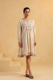 Nyaro Signature Cotton Flex Embroidered Short Dress – Beige - Nyaro