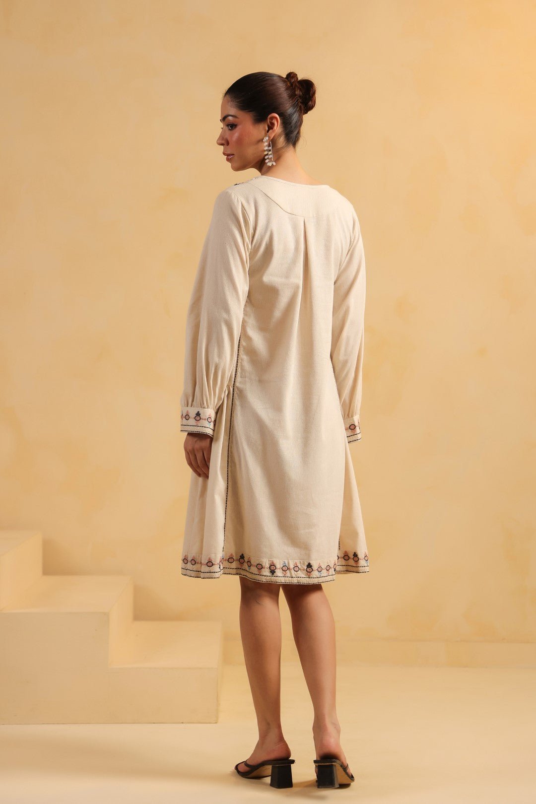 Nyaro Signature Cotton Flex Embroidered Short Dress – Beige - Nyaro