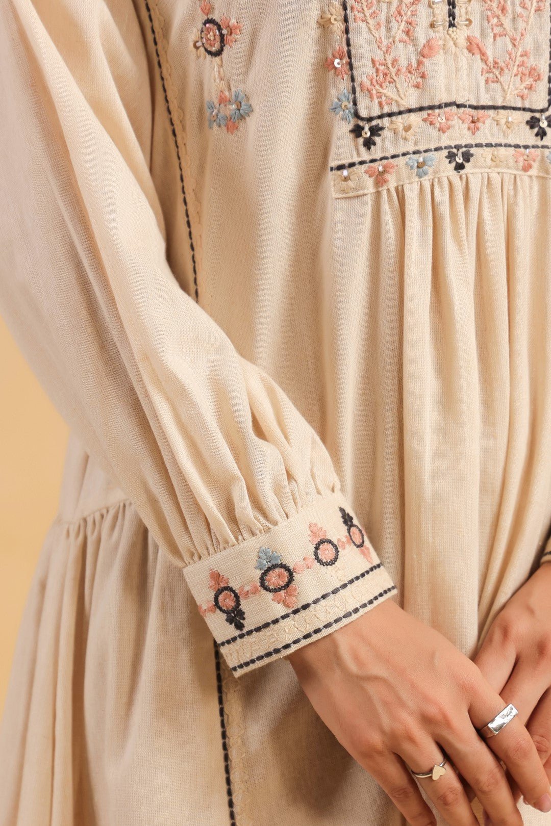 Nyaro Signature Cotton Flex Embroidered Short Dress – Beige - Nyaro