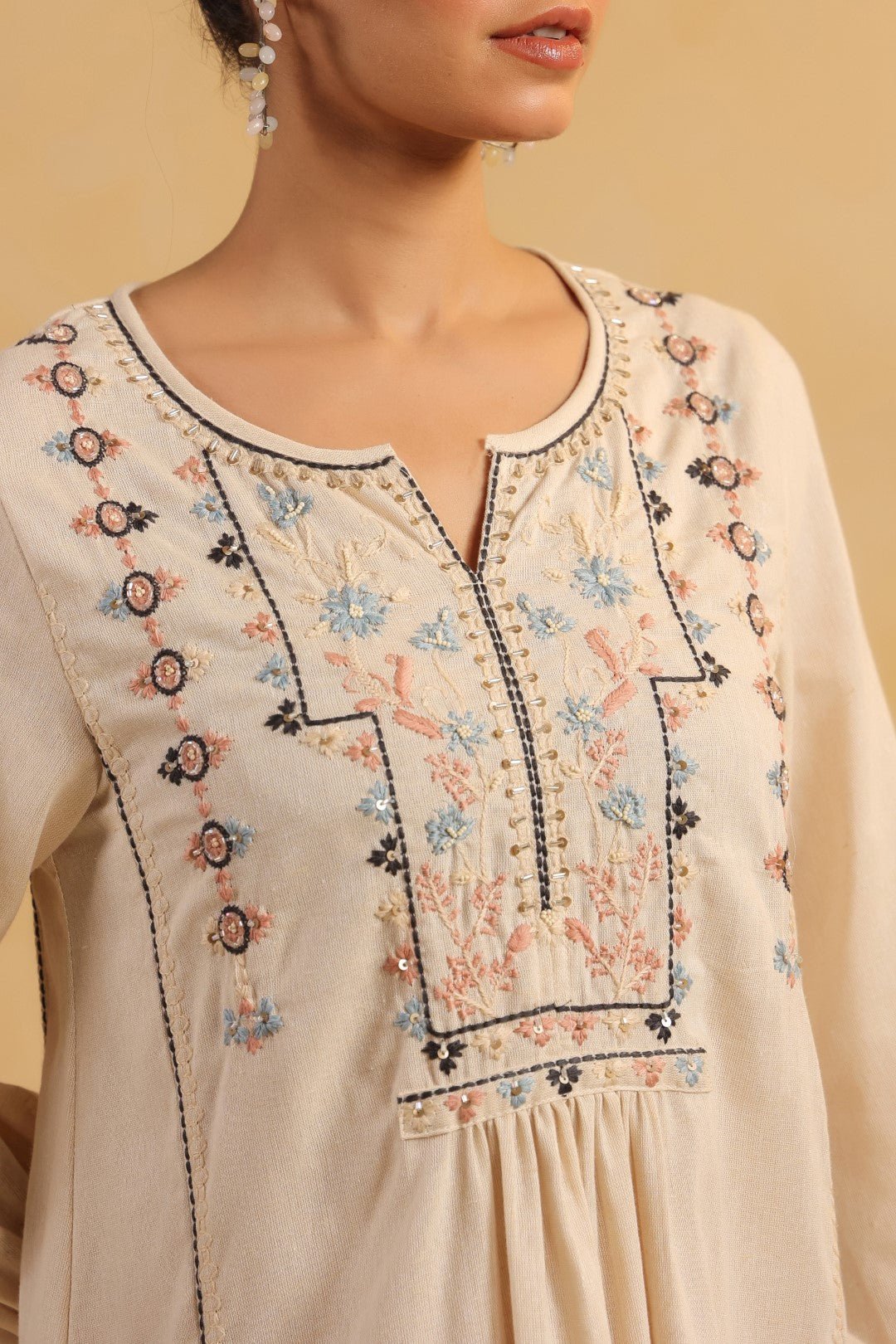 Nyaro Signature Cotton Flex Embroidered Short Dress – Beige - Nyaro