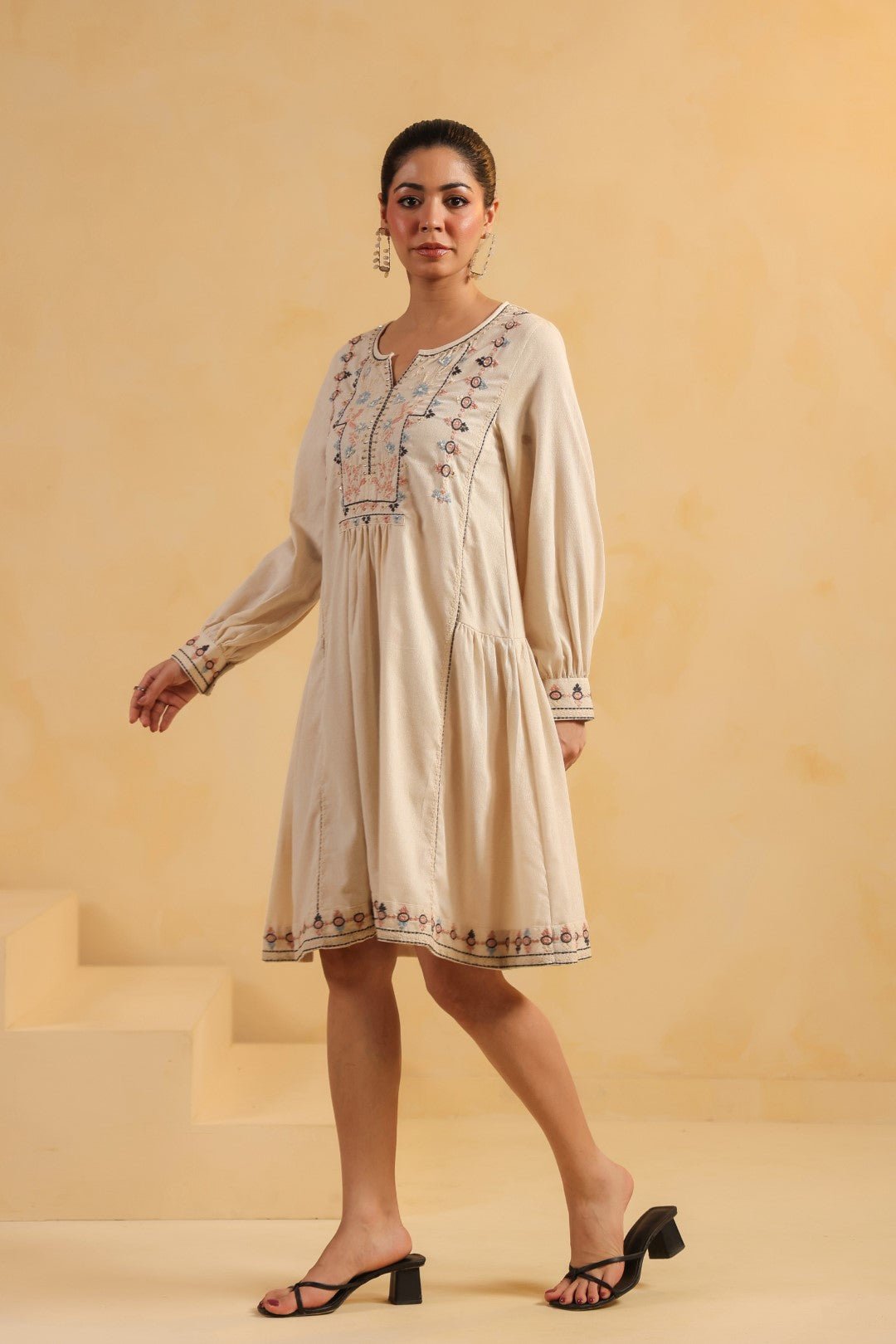 Nyaro Signature Cotton Flex Embroidered Short Dress – Beige - Nyaro