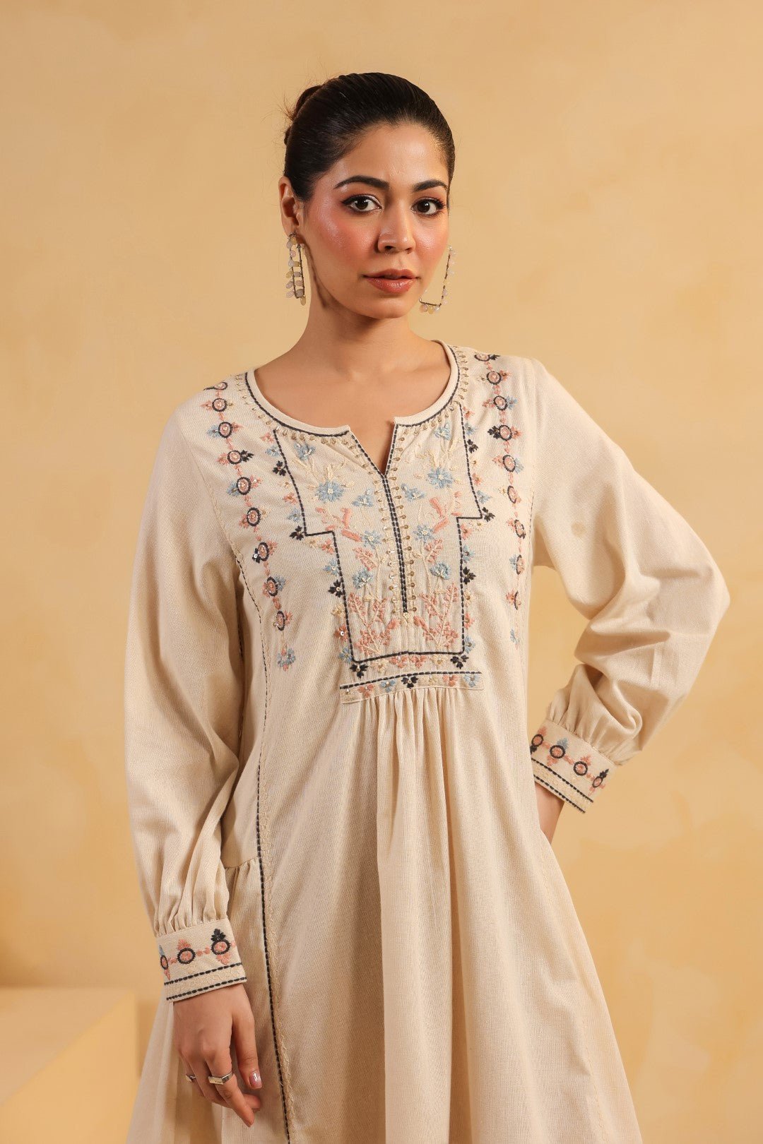 Nyaro Signature Cotton Flex Embroidered Short Dress – Beige - Nyaro