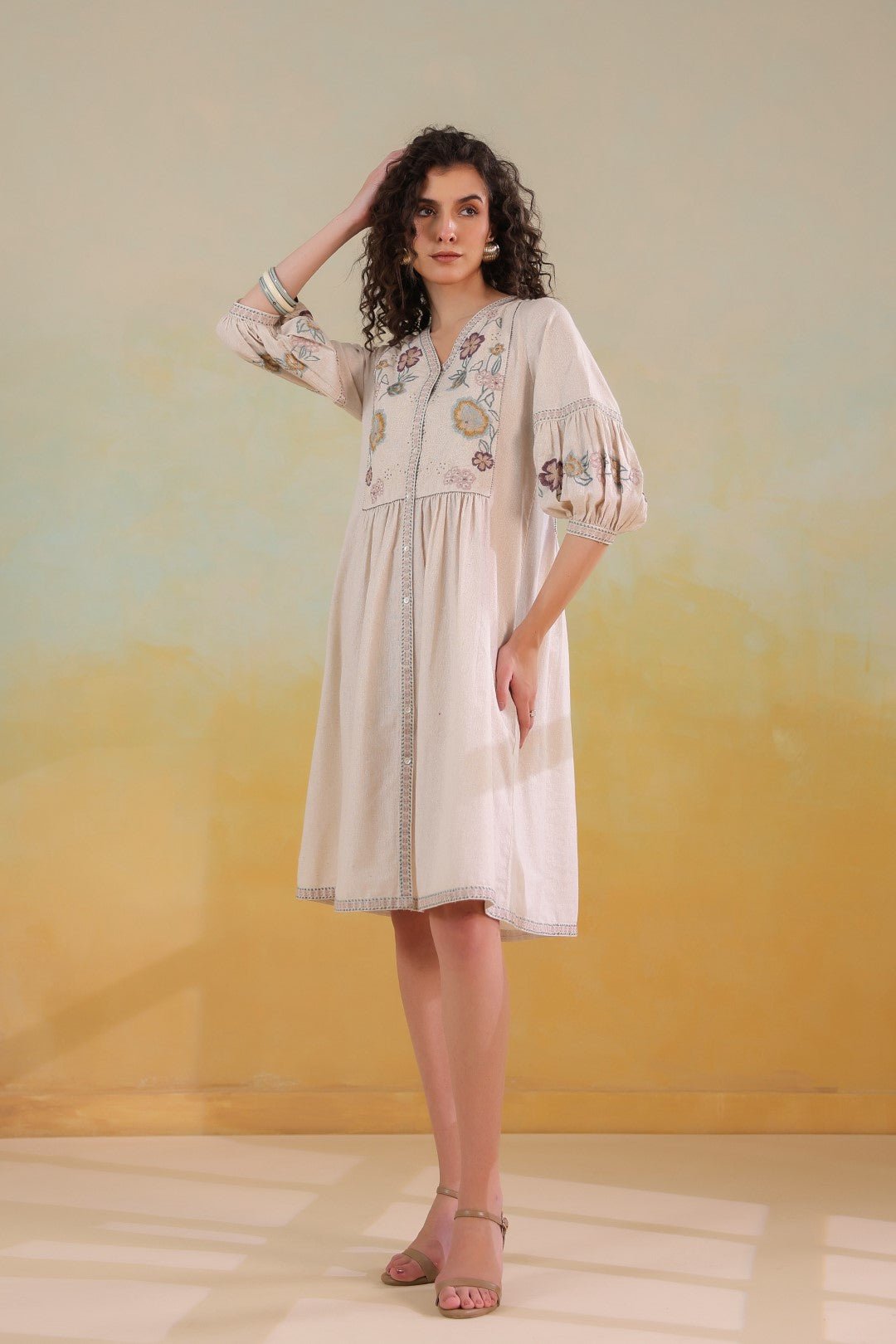 Nyaro Signature Cotton Flex Floral Embroidered Dress – Off White - Nyaro