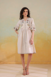 Nyaro Signature Cotton Flex Floral Embroidered Dress – Off White - Nyaro