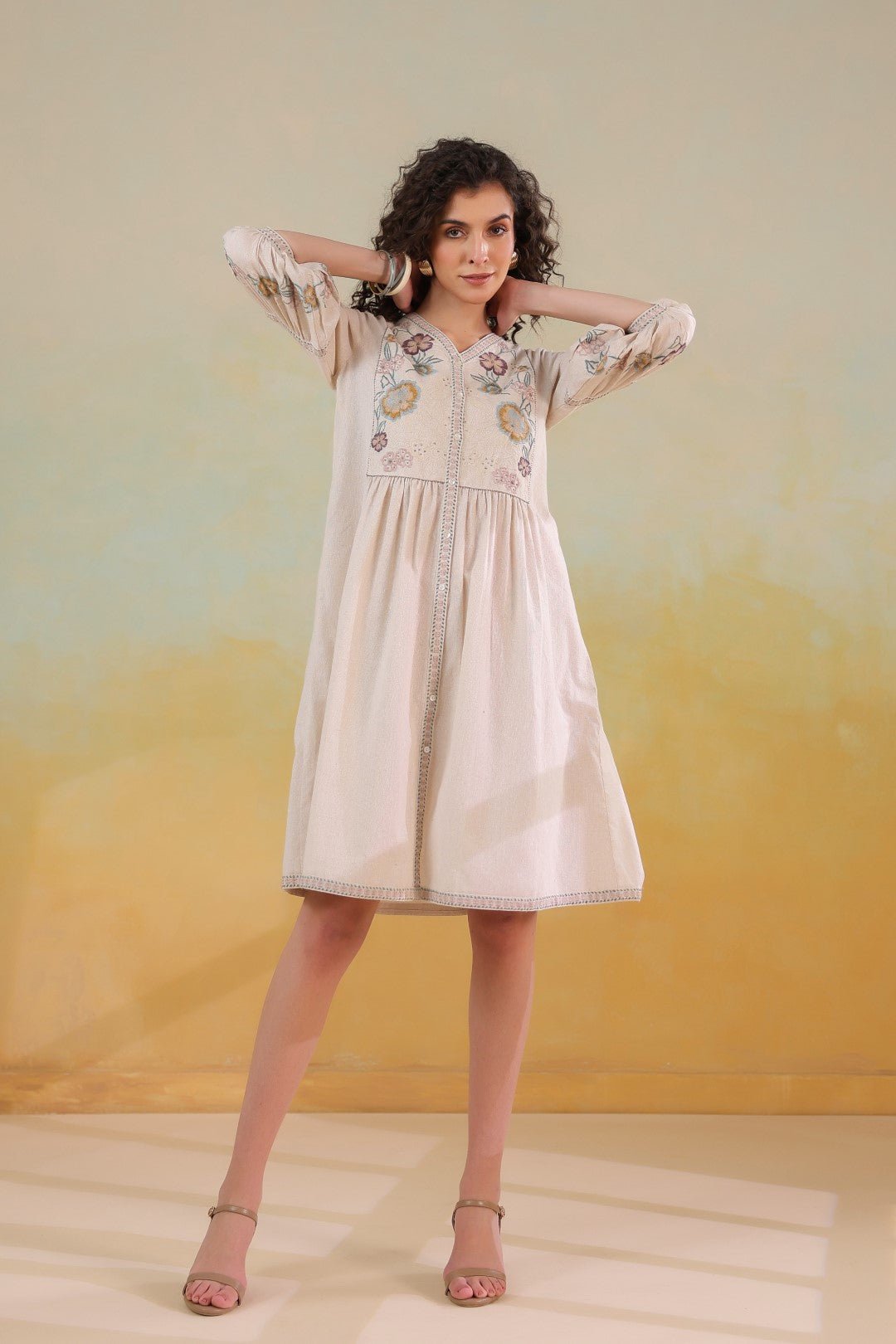 Nyaro Signature Cotton Flex Floral Embroidered Dress – Off White - Nyaro