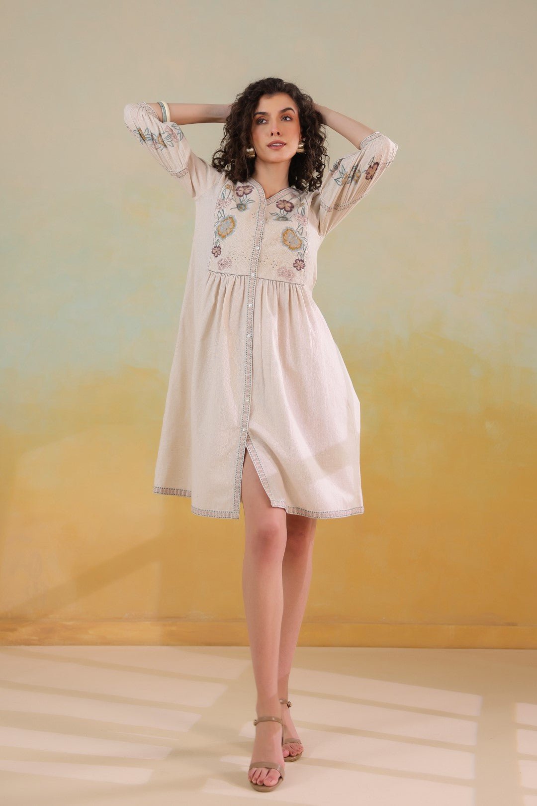 Nyaro Signature Cotton Flex Floral Embroidered Dress – Off White - Nyaro