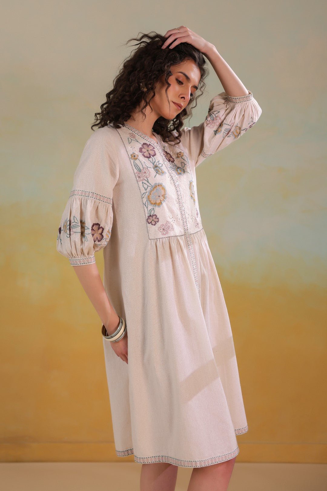 Nyaro Signature Cotton Flex Floral Embroidered Dress – Off White - Nyaro