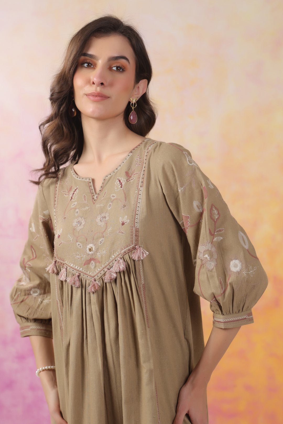 Nyaro Signature Cotton Flex Yoke Embroidered Dress – Olive - Nyaro