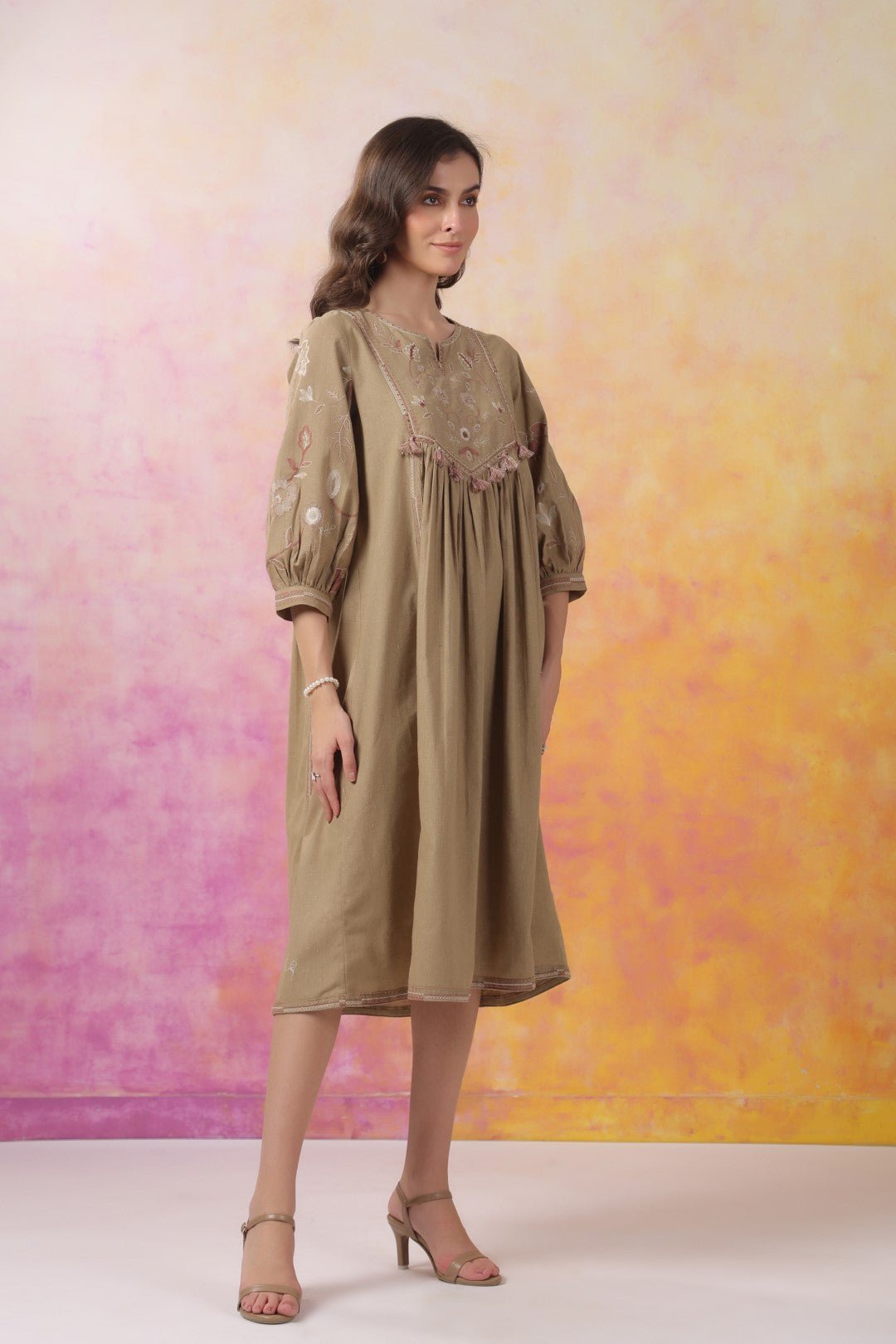 Nyaro Signature Cotton Flex Yoke Embroidered Dress – Olive - Nyaro