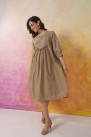 Nyaro Signature Cotton Flex Yoke Embroidered Dress – Olive - Nyaro