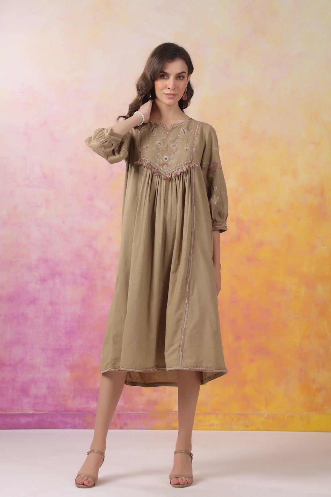 Nyaro Signature Cotton Flex Yoke Embroidered Dress – Olive - Nyaro