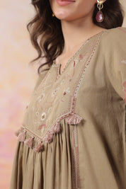 Nyaro Signature Cotton Flex Yoke Embroidered Dress – Olive - Nyaro
