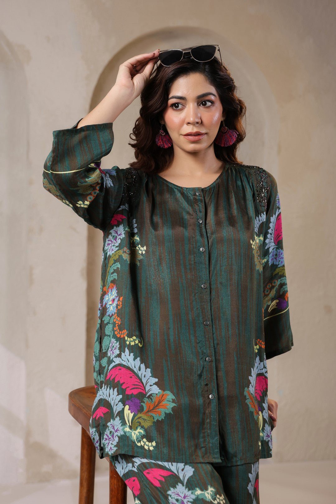 Nyaro Signature Dark Green Floral Co - ord Set in Viscose Santoon - Nyaro
