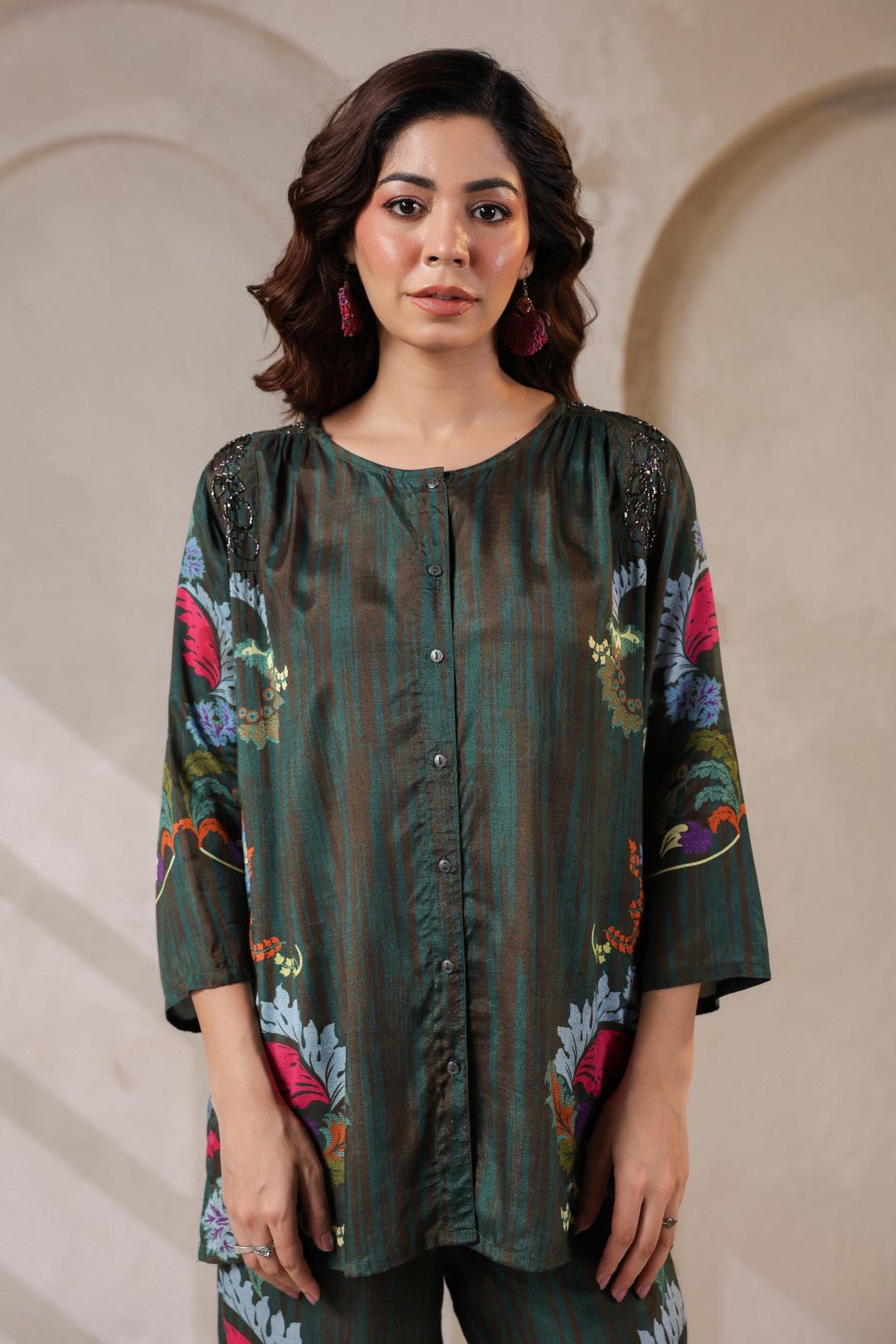 Nyaro Signature Dark Green Floral Co - ord Set in Viscose Santoon - Nyaro
