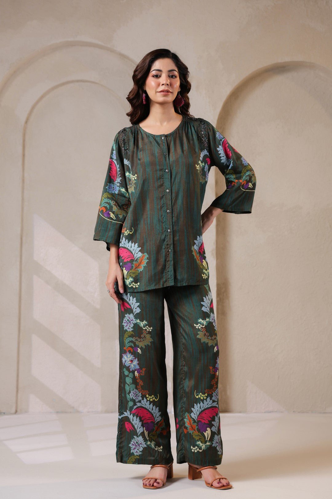 Nyaro Signature Dark Green Floral Co - ord Set in Viscose Santoon - Nyaro