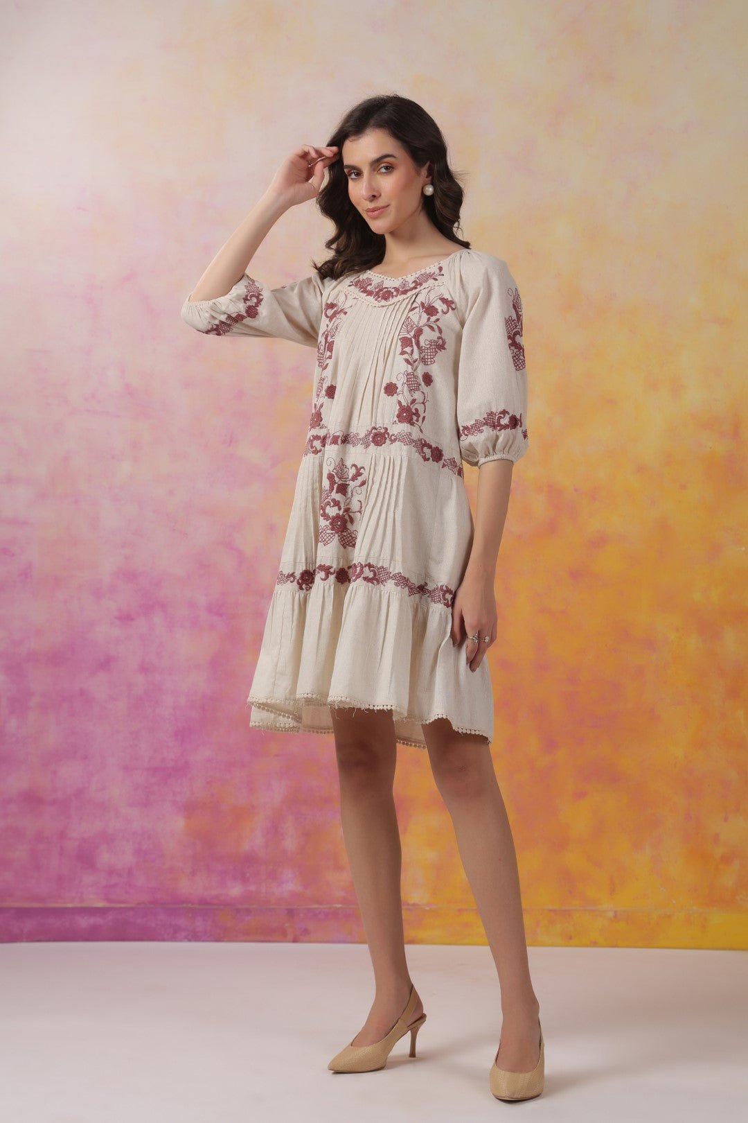 Nyaro Signature Ivory Cotton Flex Embroidered Tiered Dress - Nyaro