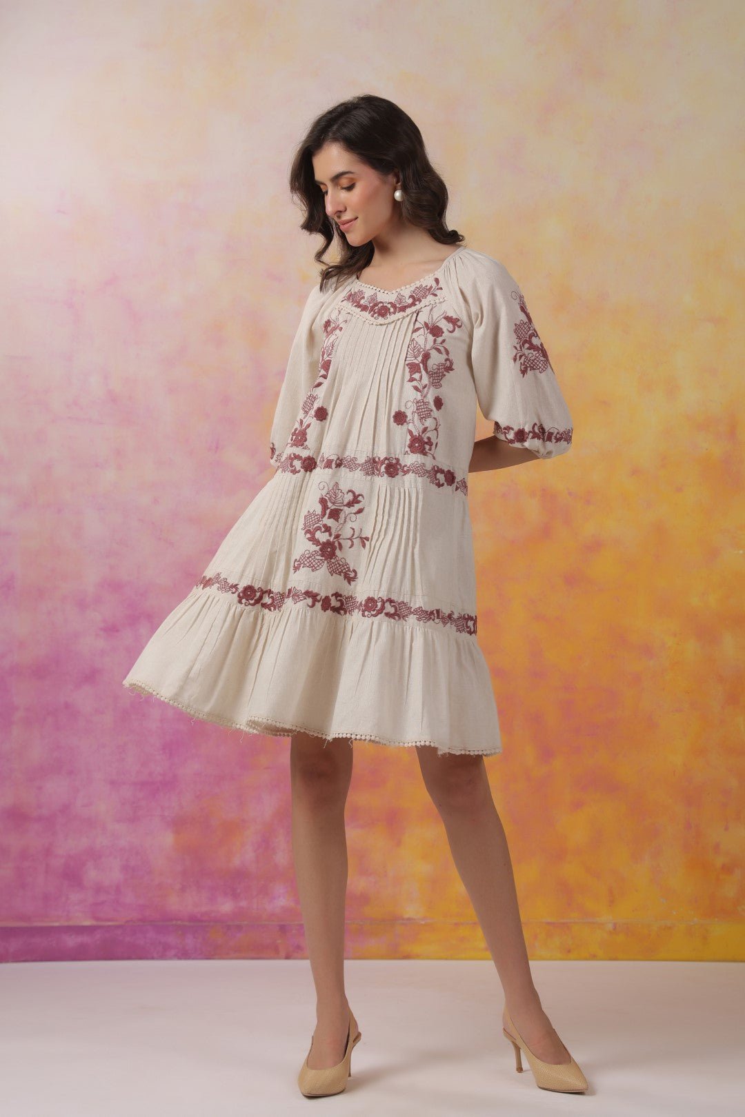 Nyaro Signature Ivory Cotton Flex Embroidered Tiered Dress - Nyaro