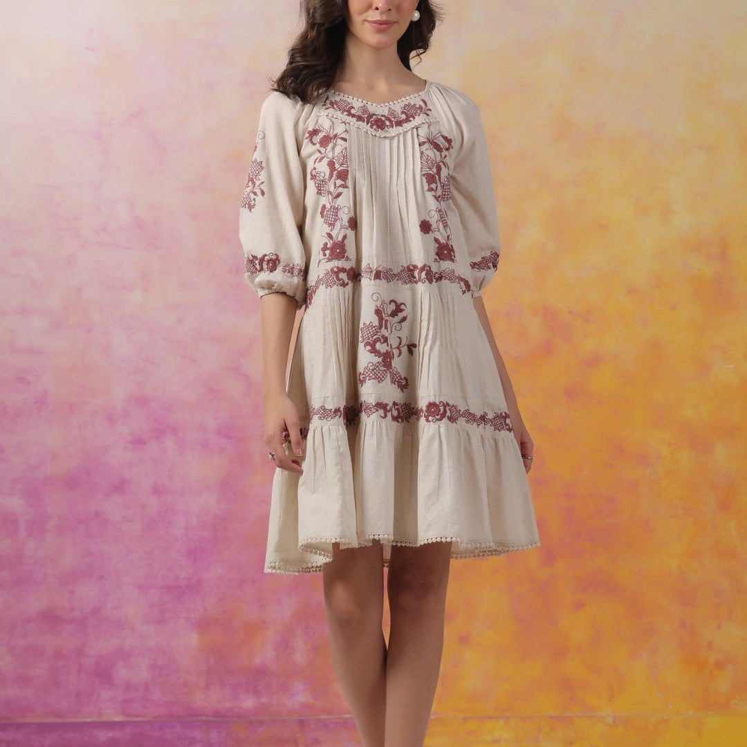 Nyaro Signature Ivory Cotton Flex Embroidered Tiered Dress - Nyaro