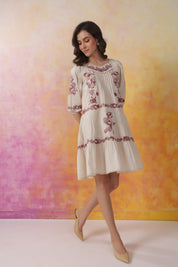 Nyaro Signature Ivory Cotton Flex Embroidered Tiered Dress - Nyaro
