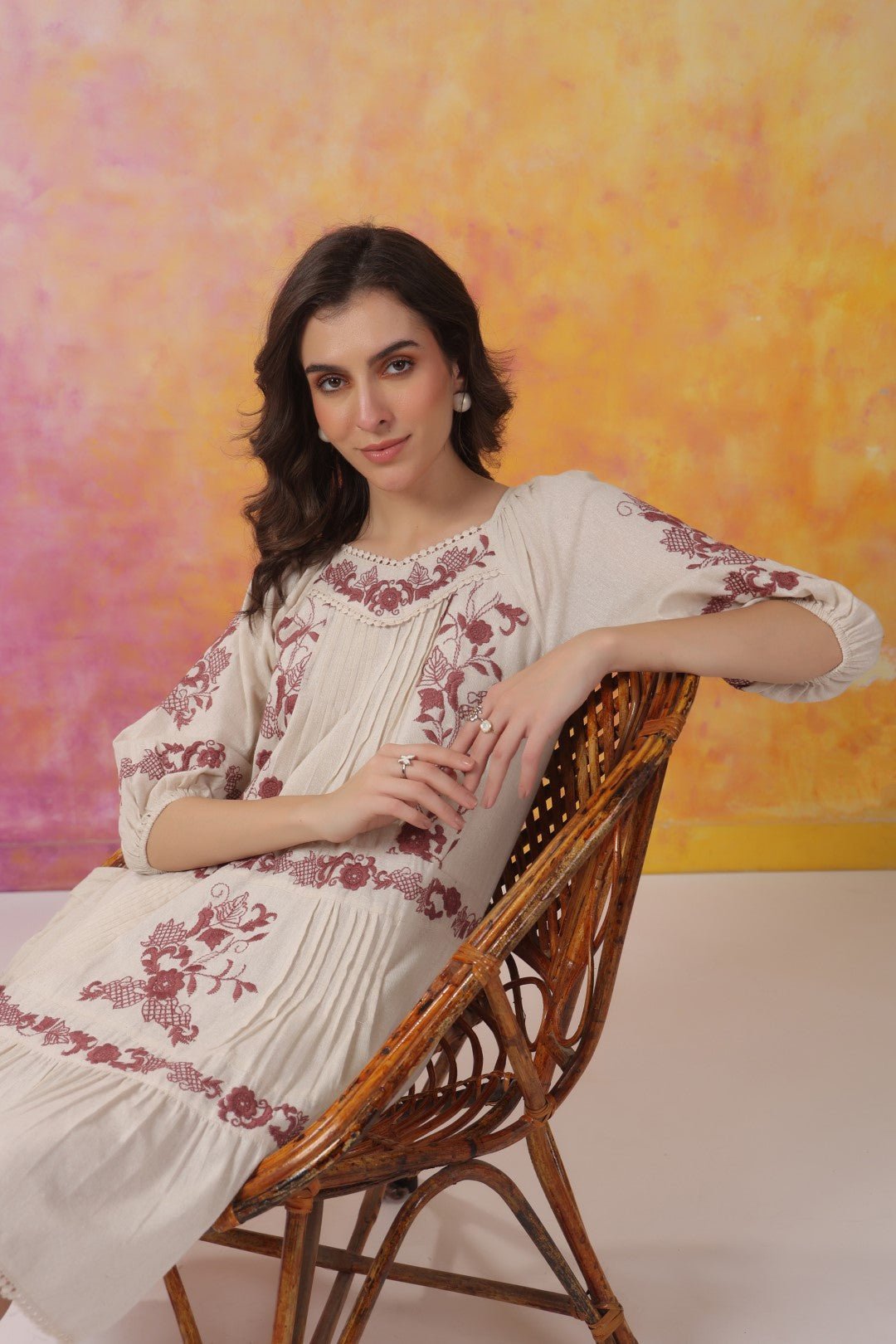 Nyaro Signature Ivory Cotton Flex Embroidered Tiered Dress - Nyaro