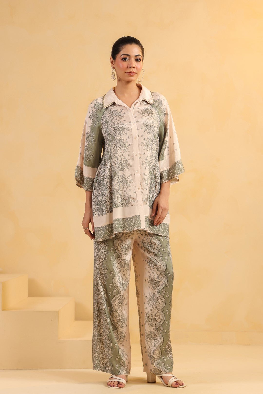 Nyaro Signature Ivory Green Printed Co - ord Set in Viscose Santoon - Nyaro