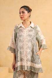 Nyaro Signature Ivory Green Printed Co - ord Set in Viscose Santoon - Nyaro