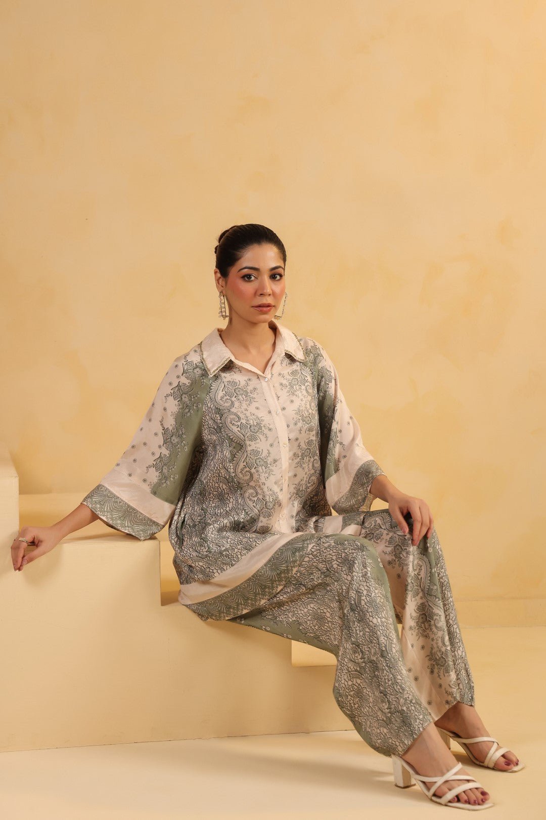 Nyaro Signature Ivory Green Printed Co - ord Set in Viscose Santoon - Nyaro